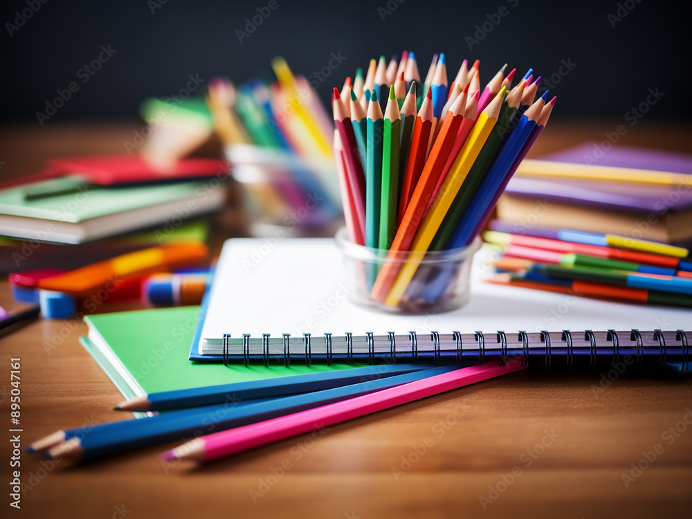 Office supplies like crayons, pens, and notebook for back to school Office supplies like crayons, pens, and notebook for back to school