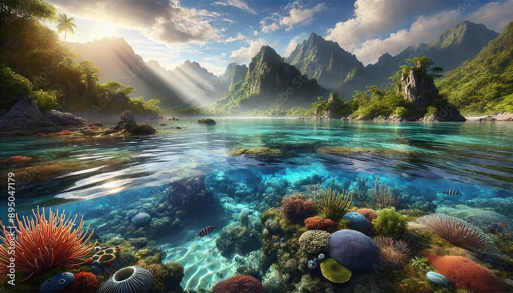 Obraz premium Tropical Paradise with Coral Reef and Mountains 