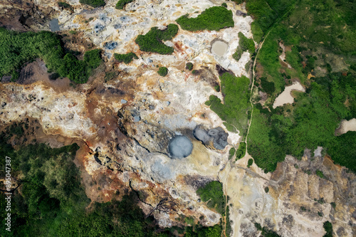 Aerial view from directly above of Mount Lokon Crater with geothermal activity in North Sulawesi, Indonesia; Agotey, Mandolang, Minahasa Regency, North Sulawesi, Indonesia photo