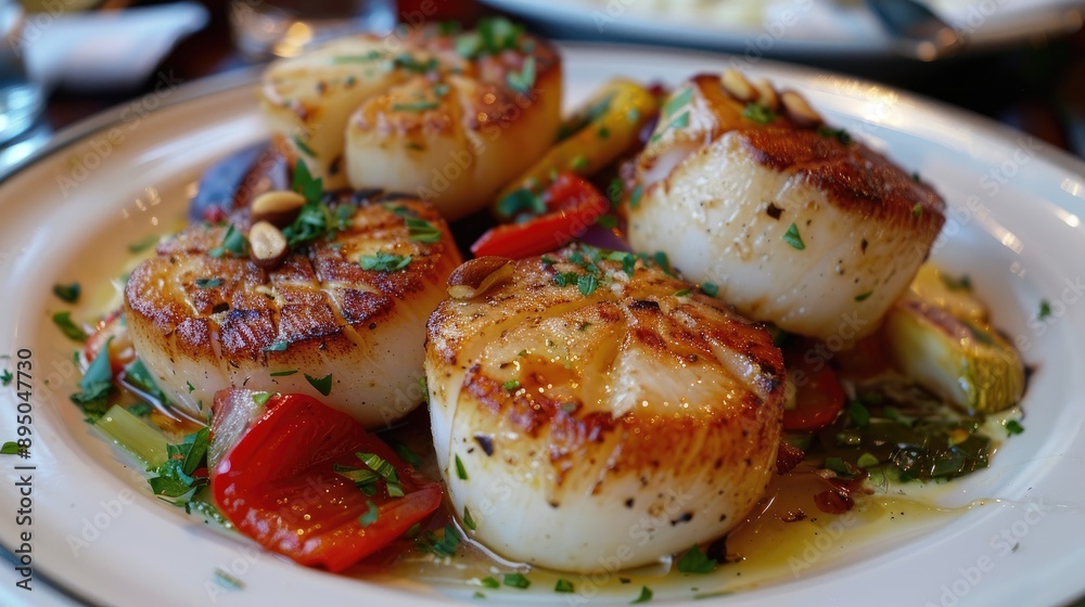 Sauteed Scallops with Almonds and Organic Vegetables at Italian American or French eatery Sauteed Scallops with Almonds and Organic Vegetables at Italian American or French eatery