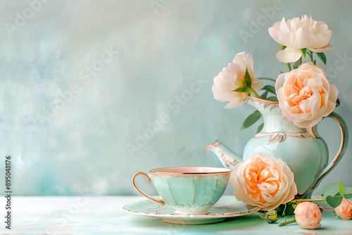 Cute tea set with flowers on vintage tabl