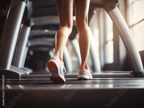 Close-up of a womans legs walking on a gym treadmill, showing toned muscles