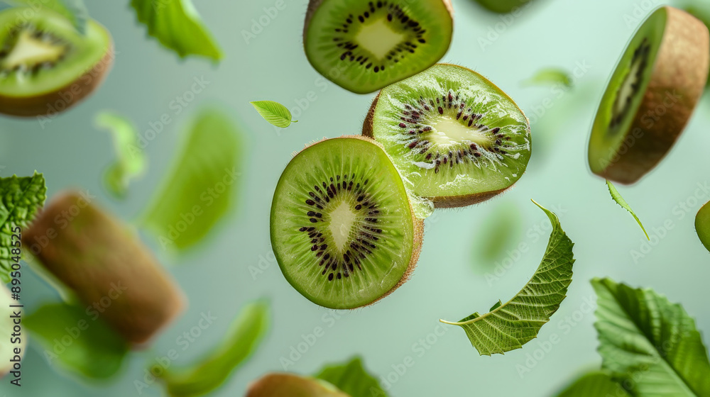 Fototapeta premium kiwi fruit slices falling or floating