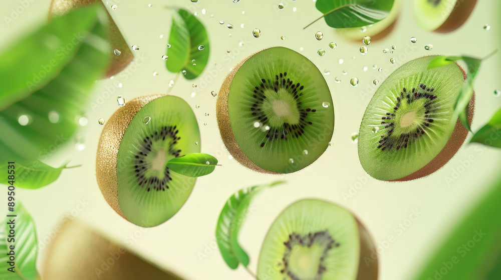 Fototapeta premium kiwi fruit slices falling or floating