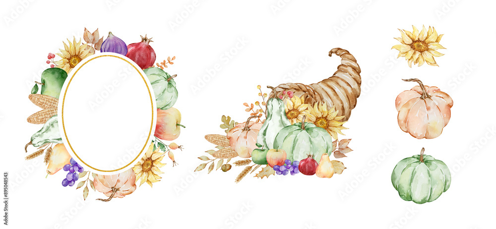 Fototapeta premium Watercolor autumn gold frames set with pumpkin, sunflowers, cornucopia, fall leaves