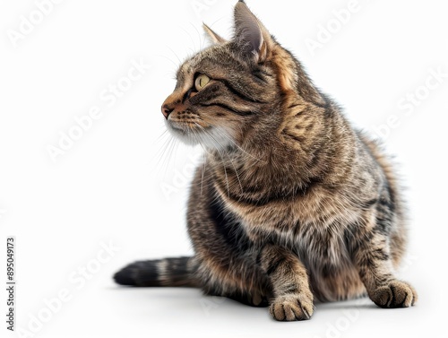 A close-up portrait of a tabby cat sitting and looking away on a white background, showcasing its striped fur and alert expression.