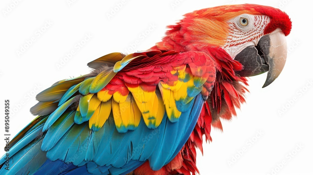 Obraz premium Close-up of a vibrant, colorful parrot with striking red, yellow, and blue plumage perched on a white background.