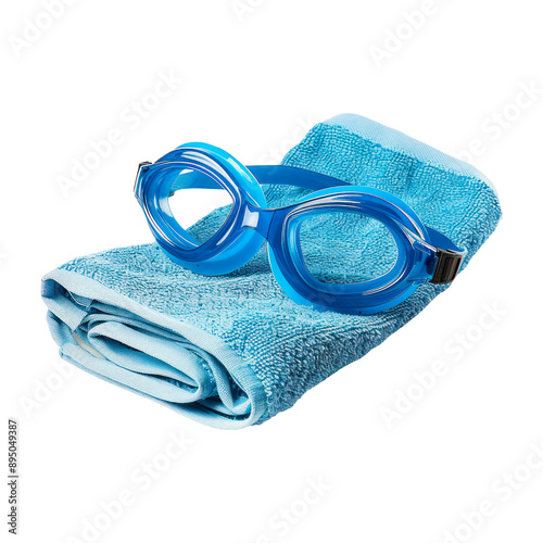 Blue goggles and towel. Isolated on transparent background.