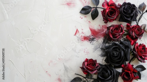 Roses in black and red shades on natural backdrop with white space for text web design template