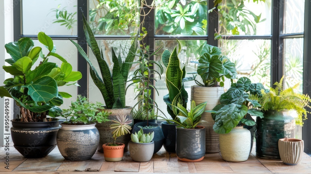 Assorted plants in diverse pots on wooden table. Urban jungle in modern home. Assorted plants in diverse pots on wooden table. Urban jungle in modern home.