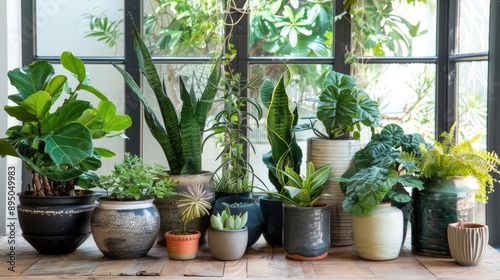 Assorted plants in diverse pots on wooden table. Urban jungle in modern home.