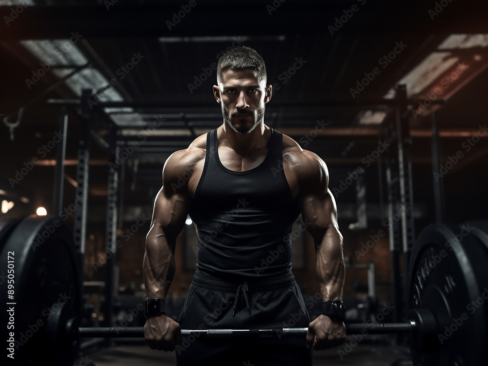 Fototapeta premium Man lifting weights in a dark gym, illustrating intense fitness training