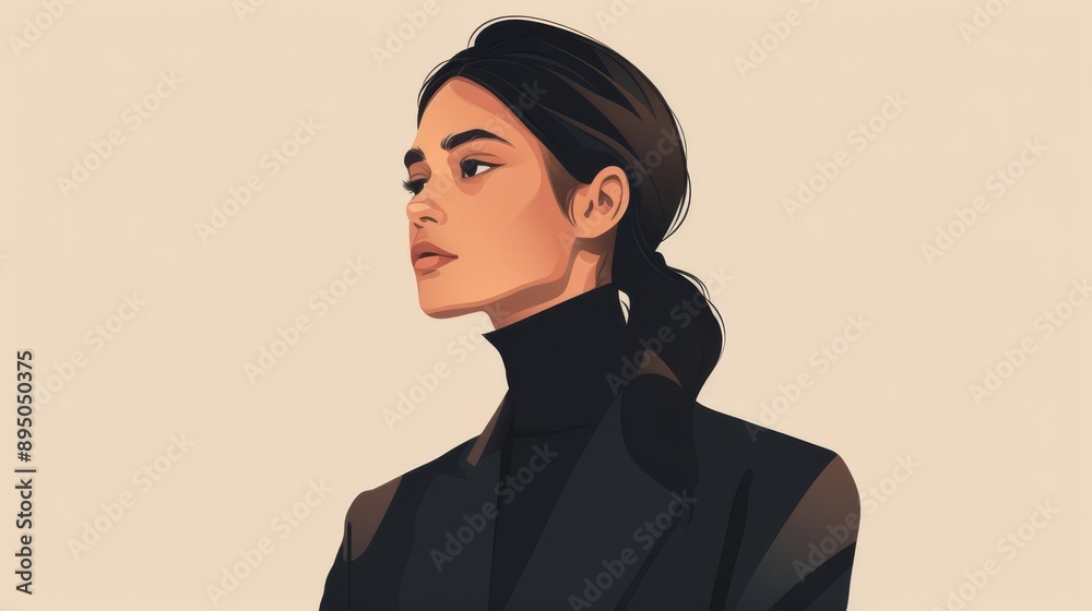 Fashionforward woman in a tailored suit with a turtleneck, flat , modern style, cool tones, clean lines Fashionforward woman in a tailored suit with a turtleneck, flat , modern style, cool tones, clean lines