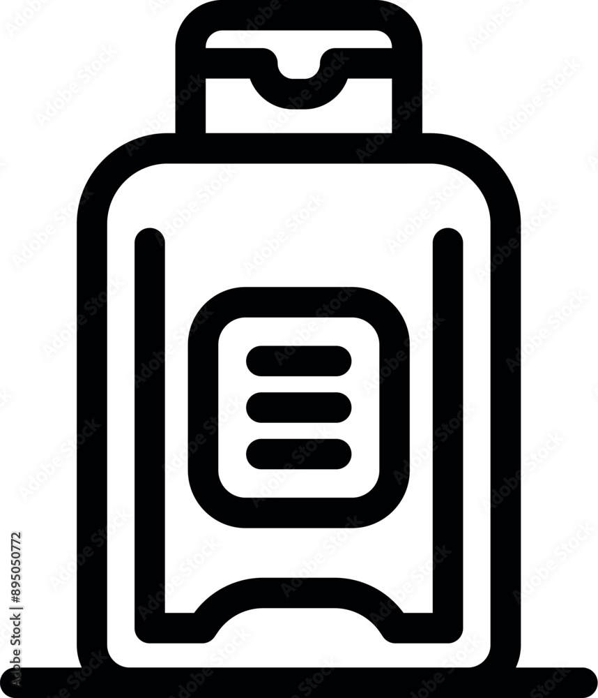 Simple black and white icon of a shampoo bottle standing on a bathroom shelf Simple black and white icon of a shampoo bottle standing on a bathroom shelf