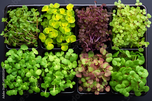 Vibrant medley of different microgreens arranged in a decorative pattern, highlighting their diverse shapes and colors.