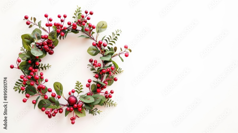 Christmas wreath decorated with red berries, pine branches, and pinecones on a white background, creating a festive holiday atmosphere. Christmas wreath decorated with red berries, pine branches, and pinecones on a white background, creating a festive holiday atmosphere.