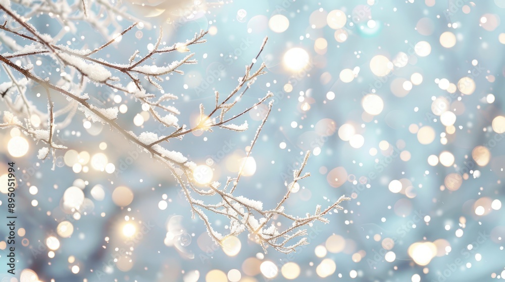Snow-covered tree branches with sparkling lights and bokeh effect. Magical and serene winter scene. Snow-covered tree branches with sparkling lights and bokeh effect. Magical and serene winter scene.
