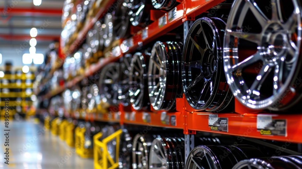 Fototapeta premium A large warehouse with a lot of red racks of wheels