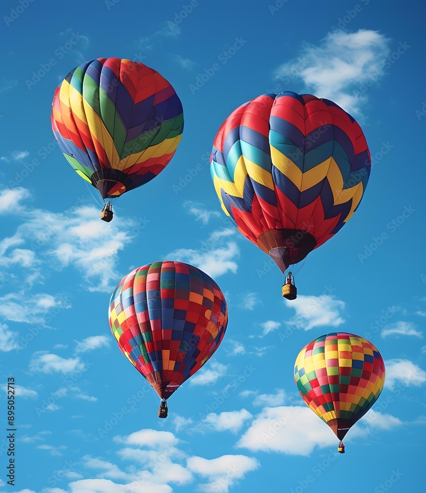 Colorful Hot Air Balloons Soaring Through a Blue Sky Colorful Hot Air Balloons Soaring Through a Blue Sky