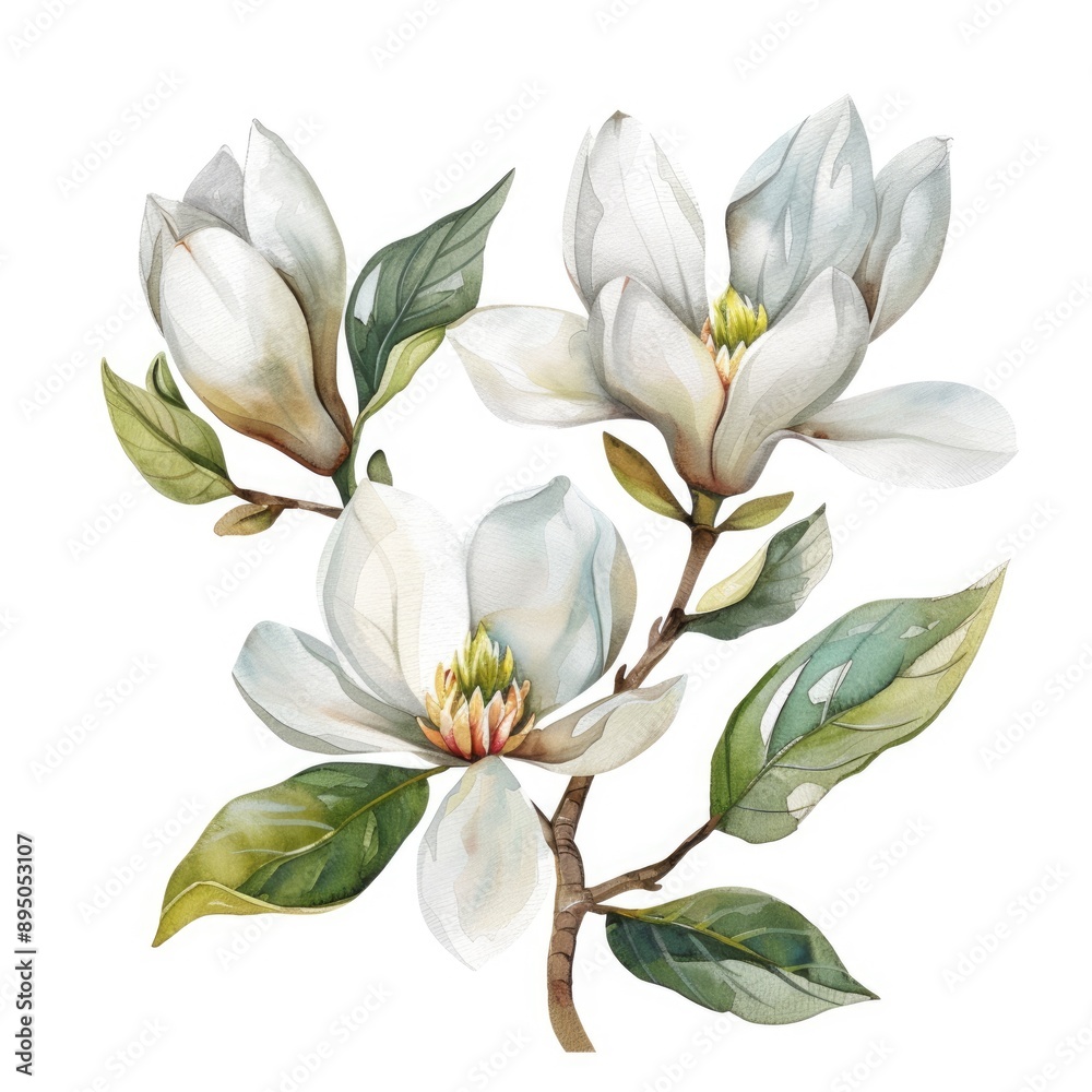 Fototapeta premium Magnolia Watercolor. White Flower Illustration for Printing Design on Invitation and Card