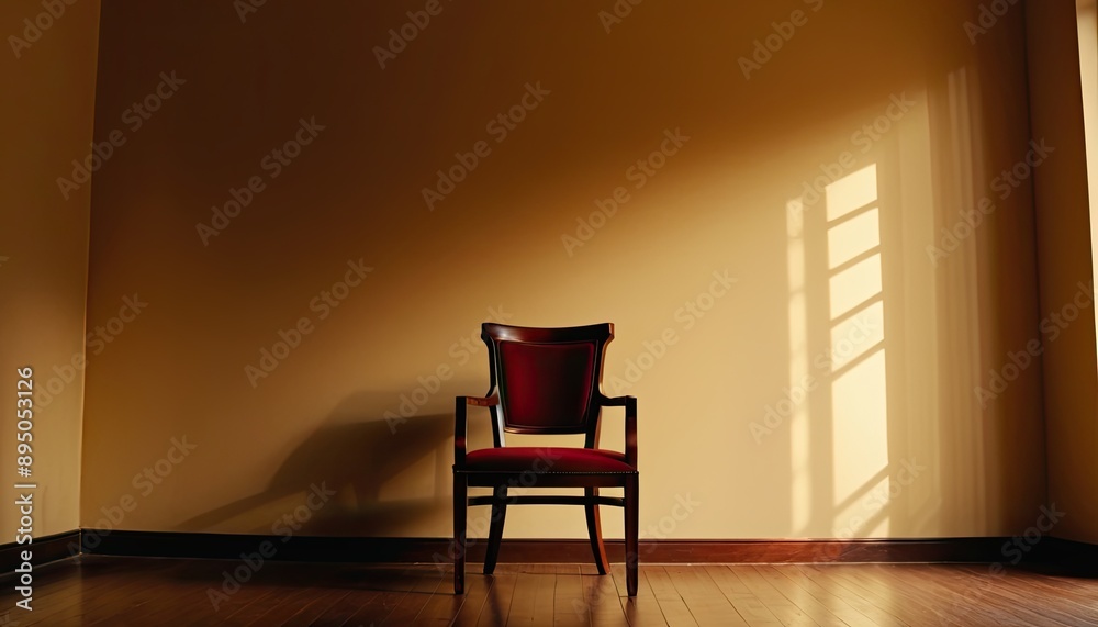 A red chair sits alone on a wooden floor under sunlight streaming through windows. A red chair sits alone on a wooden floor under sunlight streaming through windows.