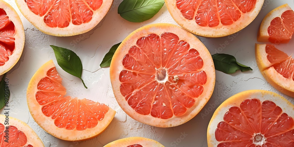 Freshly Cut Grapefruit Slices with Green Leaves on White Background Freshly Cut Grapefruit Slices with Green Leaves on White Background