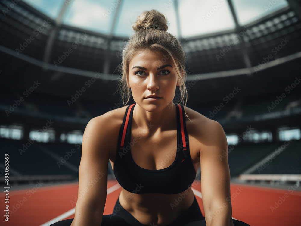 Fototapeta premium Athletic young woman stretching at a stadium
