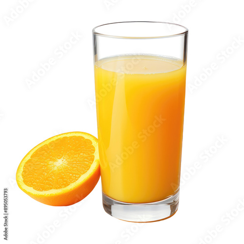 orange glass juice and a single one orange cut in half cut out background