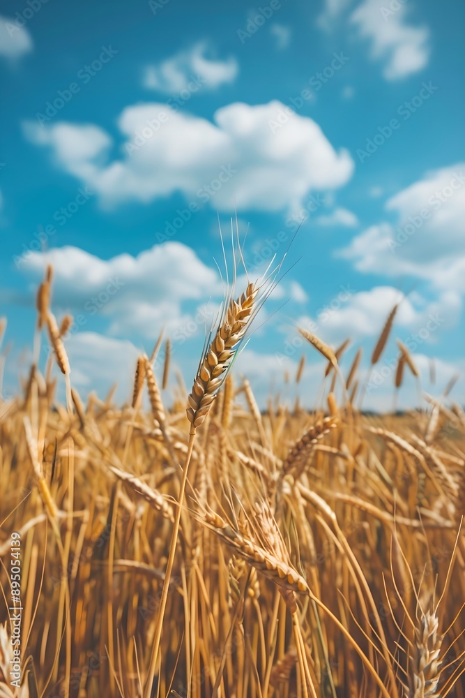 Fototapeta premium Golden wheat field under cloudy sky. Agricultural landscape and rural scenery. Banner, poster