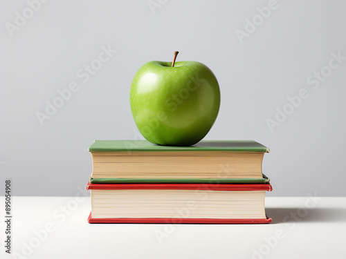 Stack of books with a green apple on a white background