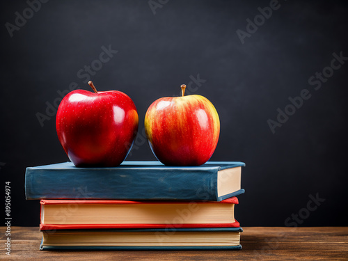 Back-to-school concept with a stack of books and a red apple on a blackboard background