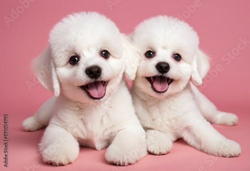 Adorables Bichon Frise posando juntos, con fondo rosa florido