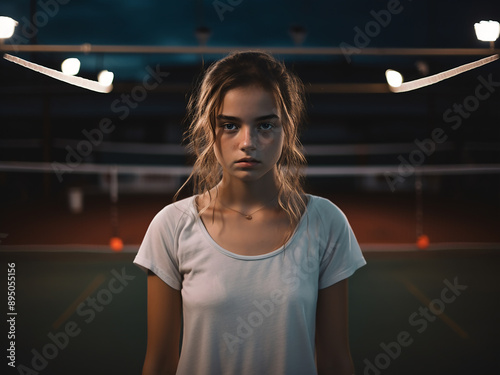 Teenage girl on a rubber court with open space photo