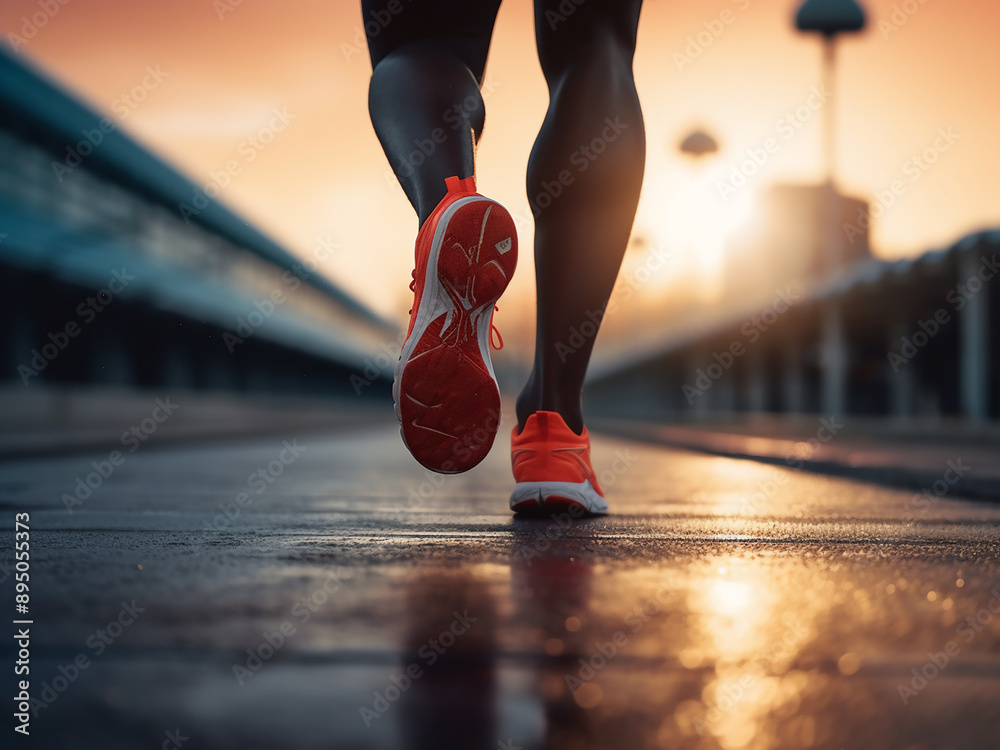 Athletes feet running on an outdoor racetrack, red coating, young man in sportswear Athletes feet running on an outdoor racetrack, red coating, young man in sportswear