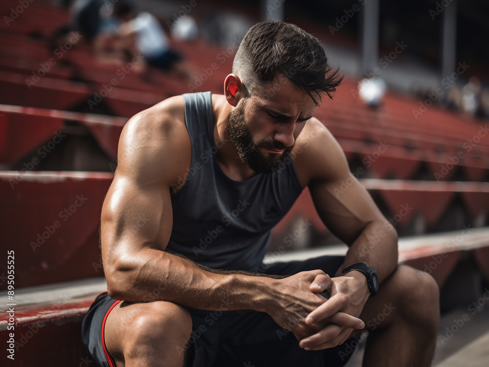 Muscular male runner resting after a jog, stadium background, intense cardio workout Muscular male runner resting after a jog, stadium background, intense cardio workout