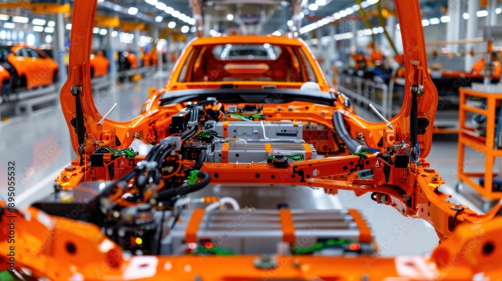 A car is being built in a factory