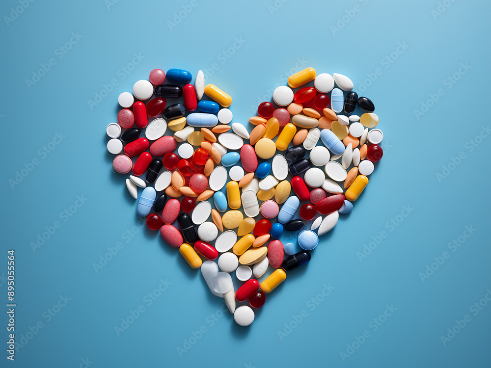 Top view of a heart and assorted medicines on a blue surface