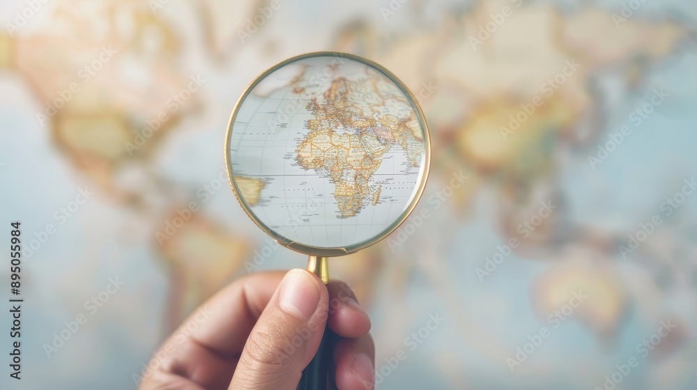 A person holding a magnifying glass over a map of the world A person holding a magnifying glass over a map of the world
