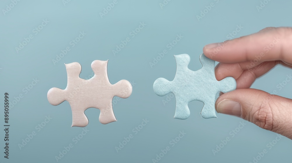Fototapeta premium A hand holding two puzzle pieces, one blue and one pink
