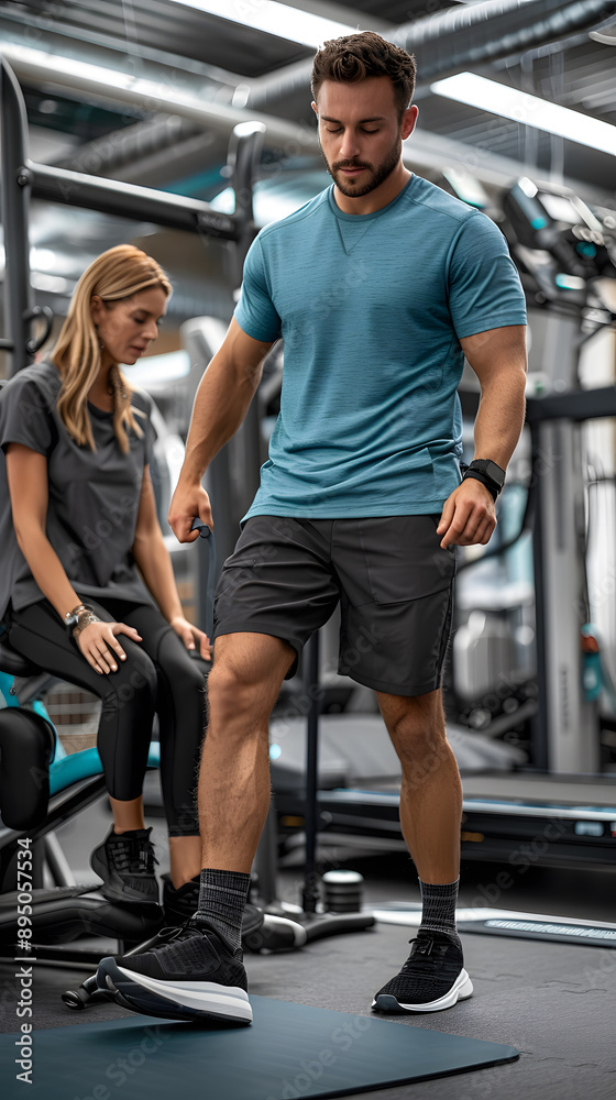 An athlete getting Physical Therapy in the rehab center, try to balance and walking An athlete getting Physical Therapy in the rehab center, try to balance and walking