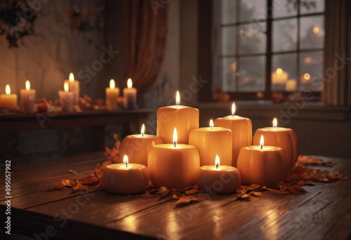A group of candles on a table during Halloween, surrounded by small pumpkins and autumn leaves. The candlelight flickers, creating a warm and cozy ambiance.