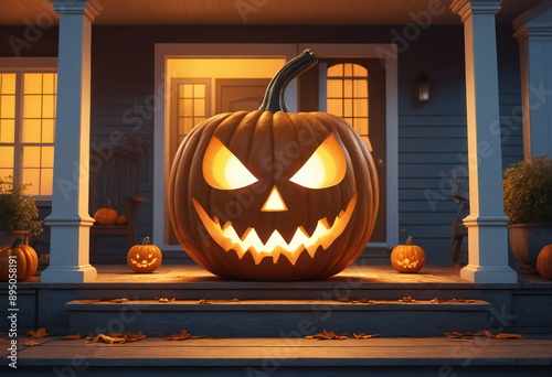 A large pumpkin with a carved, frightening face sits on the porch of a house for Halloween. Inner light glows warmly from the pumpkin in yellow tones, illuminating the night