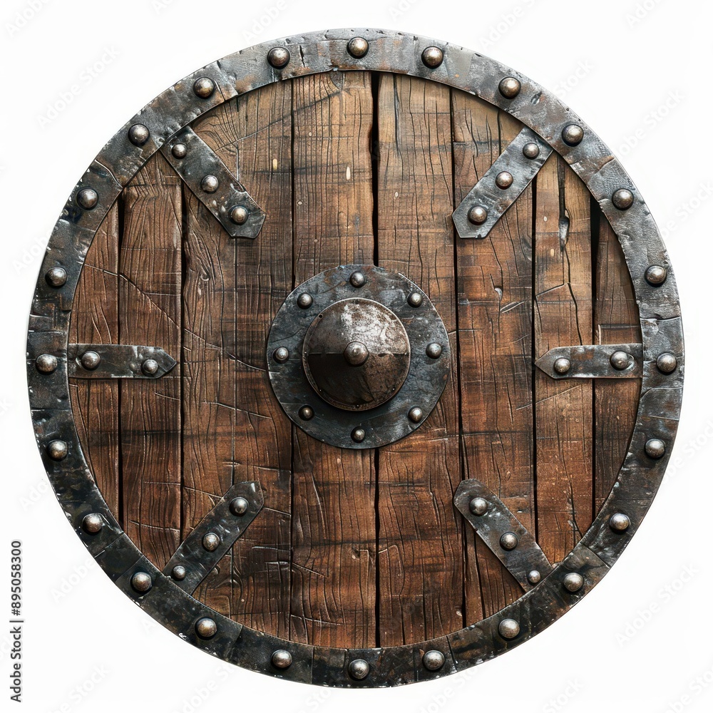 Fototapeta premium Medieval wooden shield with metal reinforcements, rivets, and a central boss. Perfect for historical and fantasy themes.