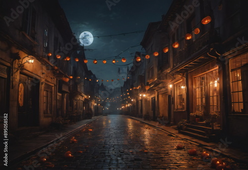 
A deserted street lined with houses adorned for Halloween, lanterns casting an eerie glow. Shadows of costumed figures stretch across the road, adding to the mystical ambiance.