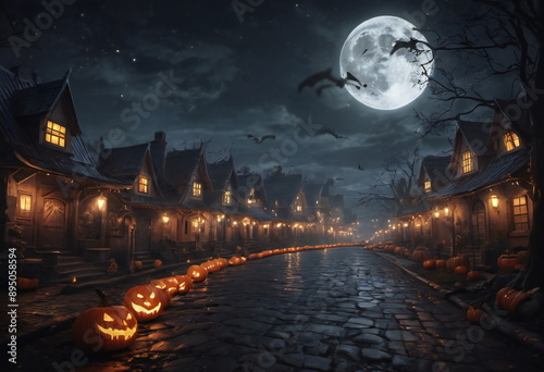 
A deserted street lined with houses adorned for Halloween, lanterns casting an eerie glow. Shadows of costumed figures stretch across the road, adding to the mystical ambiance.