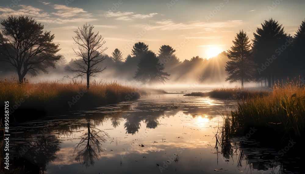 Early morning, a pond with reeds, small rays of the morning sun through the diffused fog, silence and tranquility Early morning, a pond with reeds, small rays of the morning sun through the diffused fog, silence and tranquility