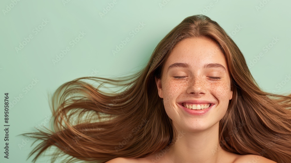 A woman with long hair is smiling and looking at the camera