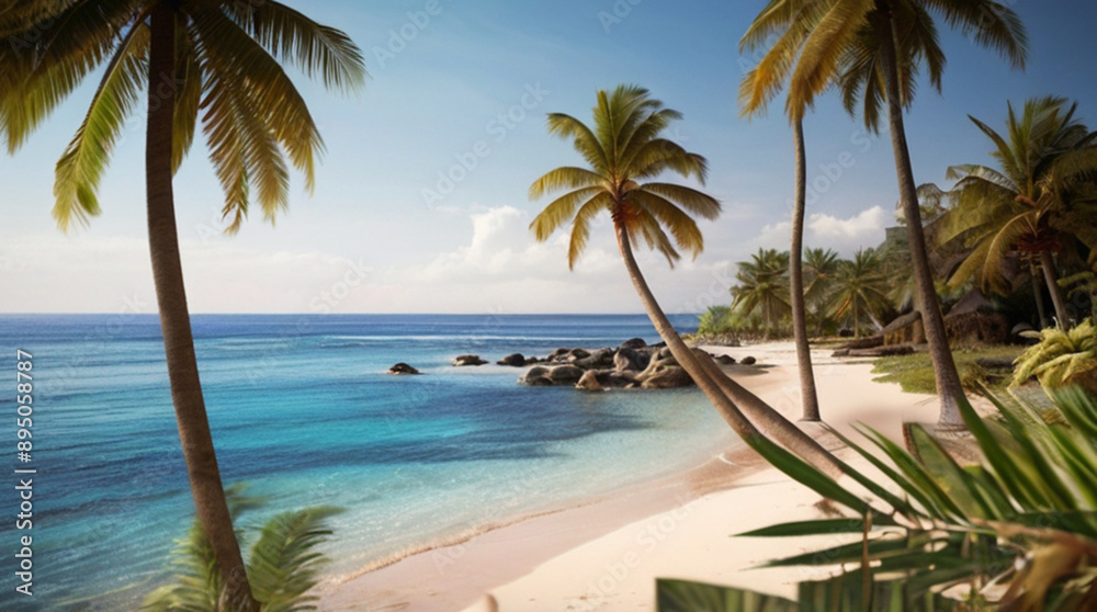Fototapeta premium Remote tropical empty beach with palm trees and white sand