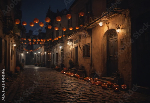 
A deserted street lined with houses adorned for Halloween, lanterns casting an eerie glow. Shadows of costumed figures stretch across the road, adding to the mystical ambiance.