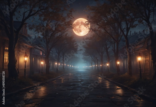 
A deserted street lined with houses adorned for Halloween, lanterns casting an eerie glow. Shadows of costumed figures stretch across the road, adding to the mystical ambiance.
